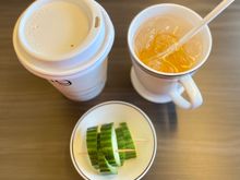 BYO take away cup on board ;) , Royal Sparkle  - featured drink & cucumber from satay - still only chicken , no lamb / mutton 