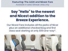 Breeze announces new Nicest fare on new Airbus A220s.