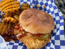 Iowa pork tenderloin and waffle fries from Chuckie’s food truck at the Cubs game today. 
