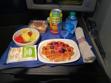 “Breakfast” of belgian waffles, fresh fruit, and Greek yogurt.  Diabetes - a new amenity courtesy of UA.