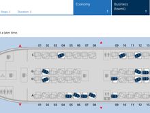 Search Business fare without GPU shows seatmap, and three columns of fares, lowest Y, Business upgrade eligible, and Business 