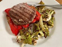 Burger assembled. The Naked bread I got through Misfits is wonderfully thickly sliced, so I did open-face. 