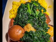 Pre-arrival breakfast - scramble eggs with kale/potatoes/chicken sausage
