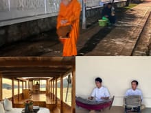 Early morning with monks; Aman boat on the Mekon; musicians at Aman