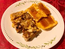 Lor bak ko ( Cantonese radish “ cake “ ) and nian gao ( CNY “ cake “ ) , fried with egg