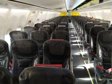 First impression of the single class cabin of a Pegasus Airlines flight 