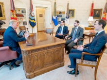 Turkish Treasury and Finance Minister Berat Albayrak holding a meeting with US President Donald Trump at the Oval Office on April 15, 2019