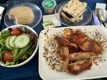 Got the BBQ chicken. I liked it, if I was more hungry I would have devoured it. Sauce has a little spice to it. Not sure it really pairs well with quinoa though? Pretty interesting combo. Salad was nice and bread was warm. Had a bite of the dessert it was ok