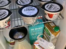 Yoghurt and different types of milk: full cream, 2%, skimmed no fat, almond, soy, oat .....