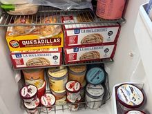 It took a bit of rearranging to make room for our favorite things. Have not tried the quesadillas yet. Those are two more pockets on top of the quesadilla box and there are secedal more loose in the door because there wasn’t room for another box. :)