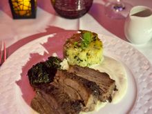 Braised beef short ribs with mustard seed jus cauliflower purée, sautéed baby spinach and potato galette - 10/10 beef was super tender 