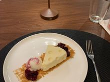 NY cheesecake with cherry compote and ice cream