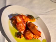 Lunch - Butter poached lobster with walnut tapenade toasted pecans, carrot and vanilla mousseline.

Generous portion of lobster and not rubbery at all 9/10