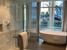 Suite bathroom (the windows are neat but anyone could easily see in, so in general the curtains need to be drawn)