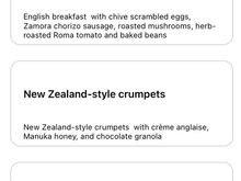 No photo of the food, but flying to SFO from NZ a friend chose the crumpets. Maybe they’d have done better if they knew what to expect, as they hadn’t checked the menu online and there were no printed menus that day, so all they knew was “eggs, muesli, or crumpets”. Immediate response was “wait they gave me the muesli?” but there were clearly crumpets visible under the granola. Then digging in revealed what the online menu revealed to be  crème 