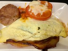 Feta and spinach omelette, bacon, corned beef hash, bacon 
