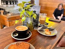 Flat white with oat milk and the best banana bread.