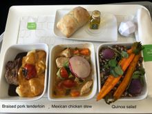 Left to right: Braised Pork Tenderloin, Mexican Chicken Stew, and Farro, Barley, Wild Rice & Quinoa Salad 