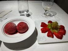 Light dessert (strawberry sorbet and fresh strawberries)
