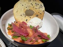 Smoked Salmon w/Crème Fraîche, Capers, Pickled Onions & Everything Bagel Crostini.