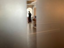 A sneak peak between the frosted glass 
