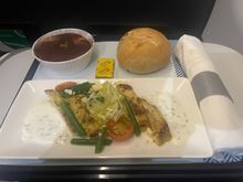 BA chicken salad (very good) and creme brulee