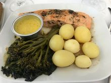 Salmon and sauce good, veggies (broccolini on bed of spinach) soggy.

