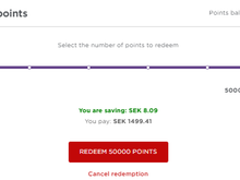 Value for 50,000 points = 8.09 SEK = 0.74 EUR.