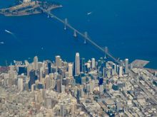 Bay Bridge and downtown San Francisco. PDX-SFO.