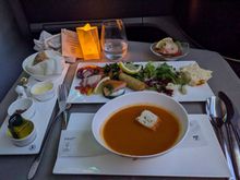 Appetizers from trolley and soup. Highlights for me were the octopus and smoked trout. Spring roll was also very crisp. Soup was also good.