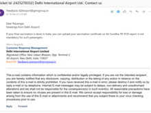 Email from Delhi airport confirming vaccination certificates from India are enough to enter India.