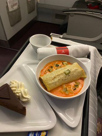 The cannelloni was great. Note real cup for coffee but still just one knife. 