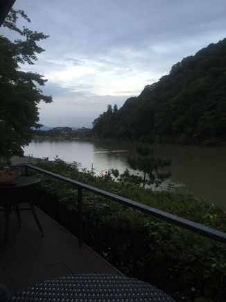 Outdoor seats overlooking the Hozu River