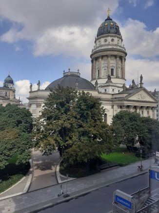 View from the living room window ( easy access to U-bahn line 2 . For line 6 you walked the length of the platform then another passage way). Windows opened partially