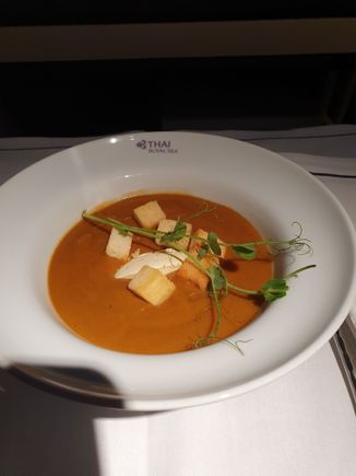 Had the lobster bisque as my mid-flight snack. It was tasty.