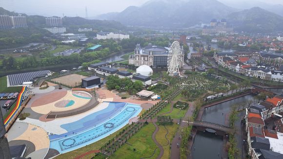 View to the left from the main square.Ferris wheel and art garden ( nighttime led lights). Water fountain jets to the left. My hotel ( JR Okura ) is the tall building upper right