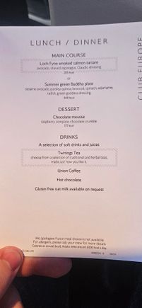 Menu for the flight 