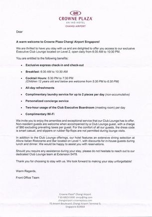 IHG One Rewards Diamond Welcome Letter / Crowne Plaza Singapore Changi