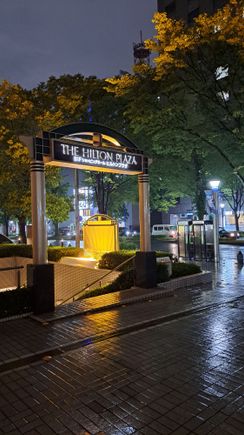The outside entrance to the Hilton plaza on a damp evening