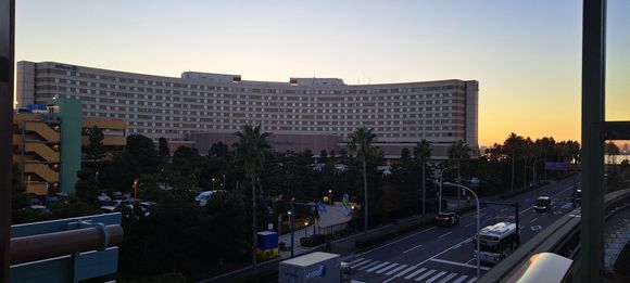 Hilton Tokyo bay from Bayside station. Car park on left is for the Toy Story hotel