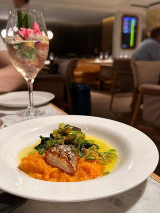 Barramundi is no longer served steamed Chinese style with rice, but on a bed of sweet potato mash. 