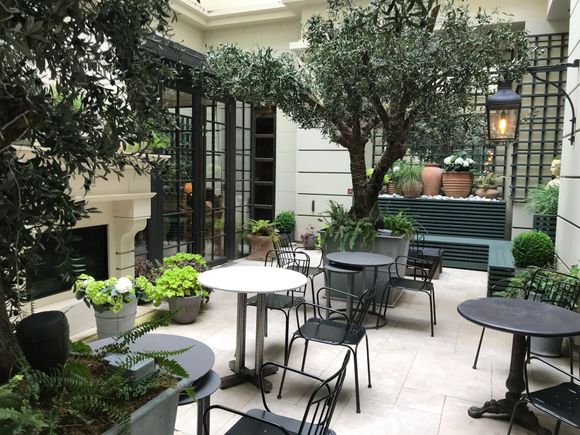 But the outdoor patio is pleasantly green decorated 