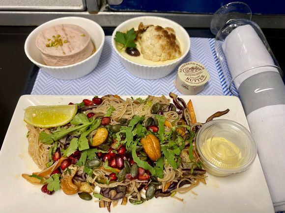 Thai noodle salad, cauliflower panna cotta, raspberry and pistachio cheesecake 