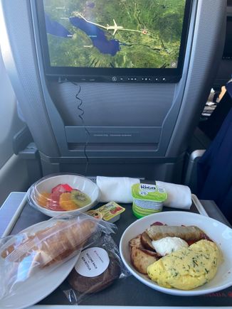 Fruit plate, croissant, turkey sausage with omelette and yogurt with a cookie. 226 mile flight. 