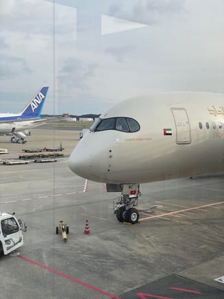 Etihad flies the NRT-AUH with A350, the best looking plane these days in my opinion.