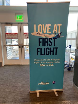 Not much hoopla for the inaugural flight, just this sign