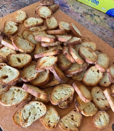 Home made garlic crostini. Will be an appetizer tomorrow evening with Boursin cheese and fig jam. 
