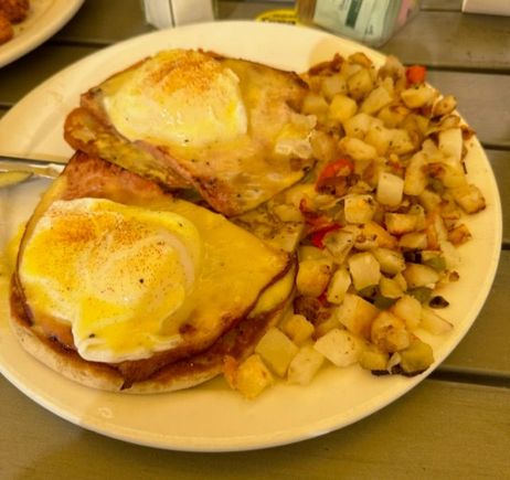 Eggs Benedict and potatoes O’Brien at Over Easy in Scottsdale. 