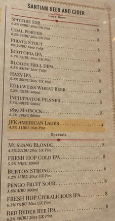 tap list; there were also a trio of specials not on the printed menu (cherry sour, hazy IPA, and “Wee Heavy”)