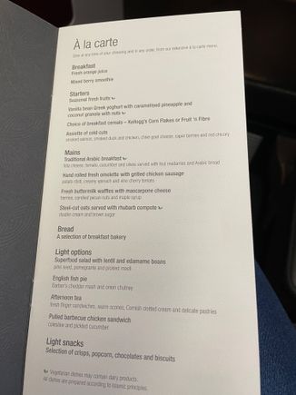 QR6 (08:05am departure from LHR) - breakfast menu unfortunately - but some decent light options too. 